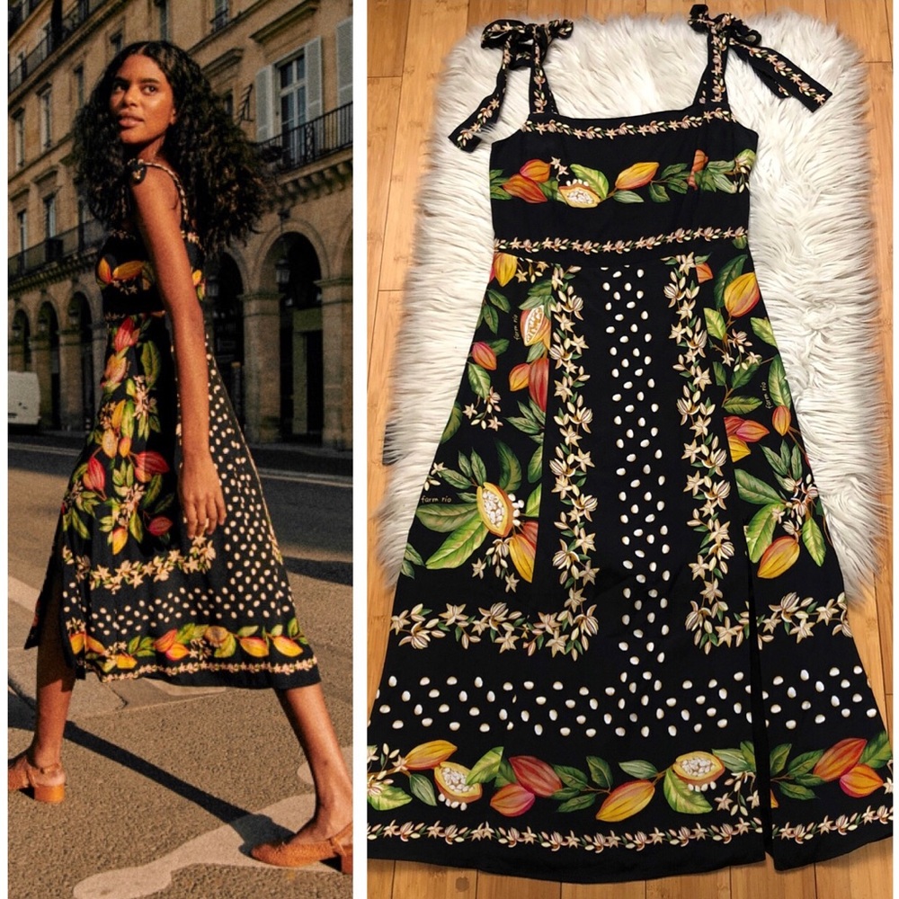 FARM Rio Black Floral Midi Dress